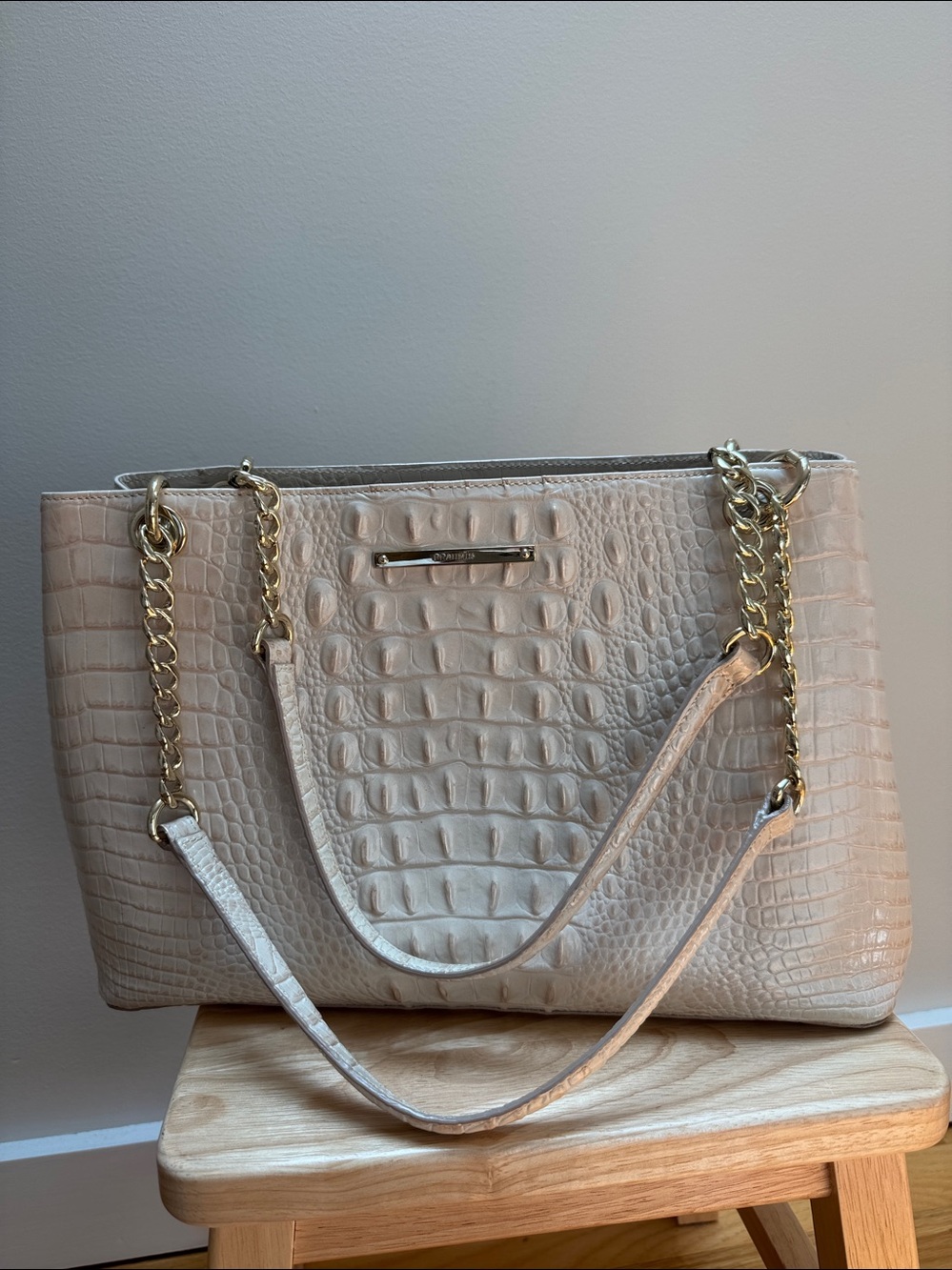 Brahmin Neutral Croc-Embossed SatchelTote Bag with Gold Chain Straps